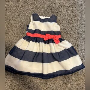 Carters 9 month Girl Formal White and Navy Striped dress with Pink bow